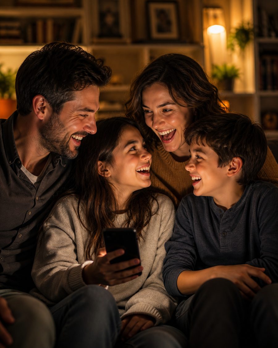 Família sorrindo junta interagindo no celular